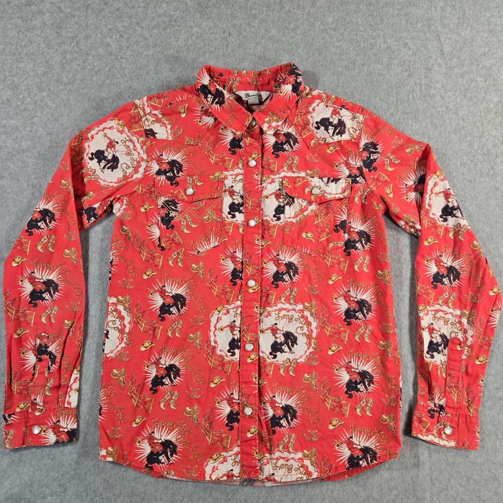 Wrangler Womens Red Long Live Cowboys Western Snap Shirt Large Novelty Print
